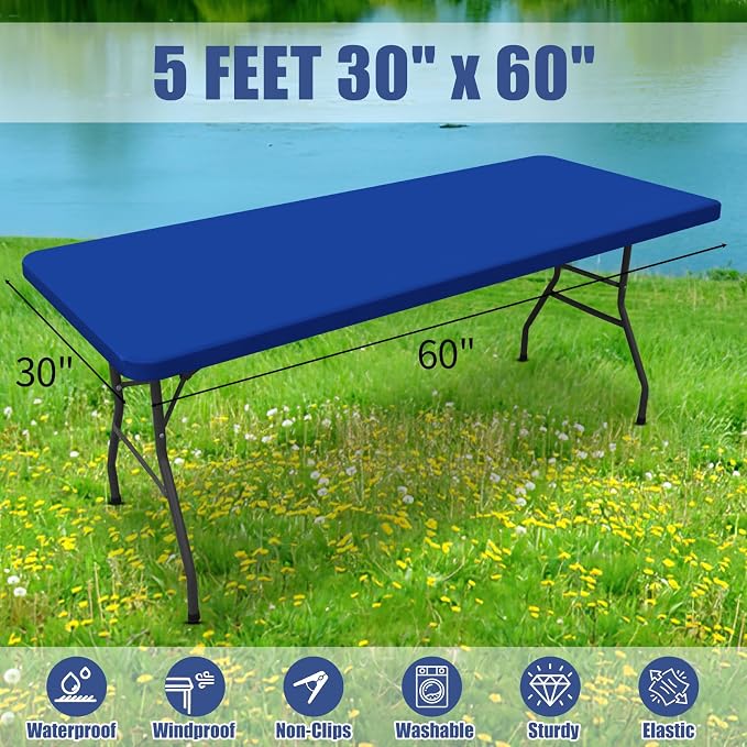Moosfor Spandex 5 Foot Rectangle Table Cloth 6 Pack, Elastic Fitted Tablecloths for Picnic, Stretch Washable Patio Table Cover for Outdoor, Camping, Banquet and Parties (Blue, 30"x60")