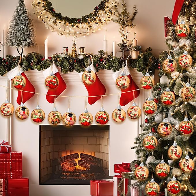 Outus 16 Pcs Christmas Tree Ball Ornaments Vintage Christmas Decorations for Tree Colorful Xmas Decorative Santa Claus Snowman Hanging Ball for Farmhouse Home Fireplace Decor Holiday Party Favors
