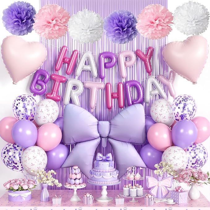 Purple Pink Bow Birthday Decorations for Women Girls, Happy Birthday Balloon Banner with Bow and Heart Foil Balloons Fringe Curtain Tissue Paper Pompoms Garland Party Supplies