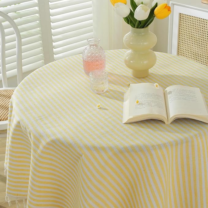 meioro Striped Tablecloth Round Tablecloths Cotton Blend Table Cloth Washable Tabletop Decorative Fabric Table Cover for Kitchen Dinning (Yellow, Round 60 Inch)