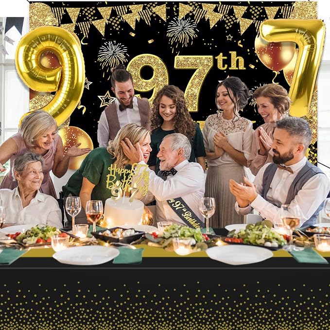 97th Birthday Decorations Men Women with 97th Birthday Banner, Black and Gold Table Cloth, Number Balloons, Large Sash, Cake Topper and Candles