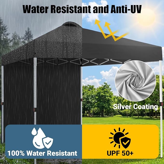 10x10 Pop Up Canopy Tent with One Sidewall, Instant Folding Outdoor Shelter with Air Vent, High Strength Steel Frame and Handheld Carry Bag for Backyard Party, Camping, Black