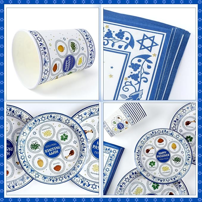 Jenaai 200 Pcs Passover Tableware Party Supplies for 50 Guests, Disposable 9"/ 7" Passover Paper Plates Cups and Napkins Paper Goods Set for Dinnerware Party Decorations