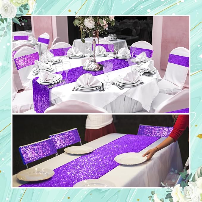 54 Pieces of Purple Sequin Chair Ribbons and Table Runners, 48 Sequin Chair Bows, 6 Glitter Table Runners, Suitable for Wedding Parties Birthday Meeting Events Decorations (Purple)