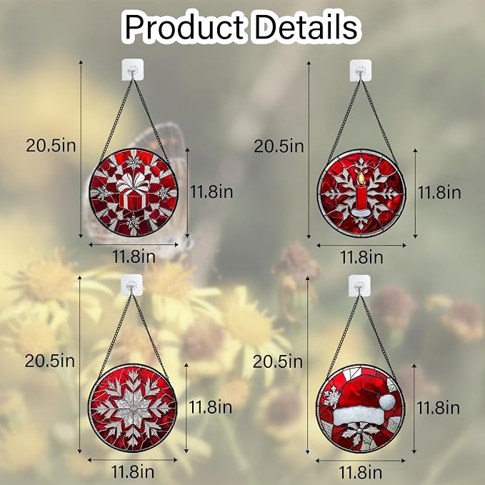 DASTOLL Stained Glass Window Hanging 4 Pcs Set Red Christmas Decorations Theme Large 11.8" - Suncatcher Door Garden Sun Catcher Decor Birthday for Mom Woman Nana Men Friend Wife