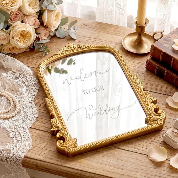 Bucherry Vintage Love Wedding Sign Welcome to Our Wedding Mirror Plaque Elegant Resin Frame with Mirror 12" x 7.5" Baroque Reception Decor Gold Table Centerpiece