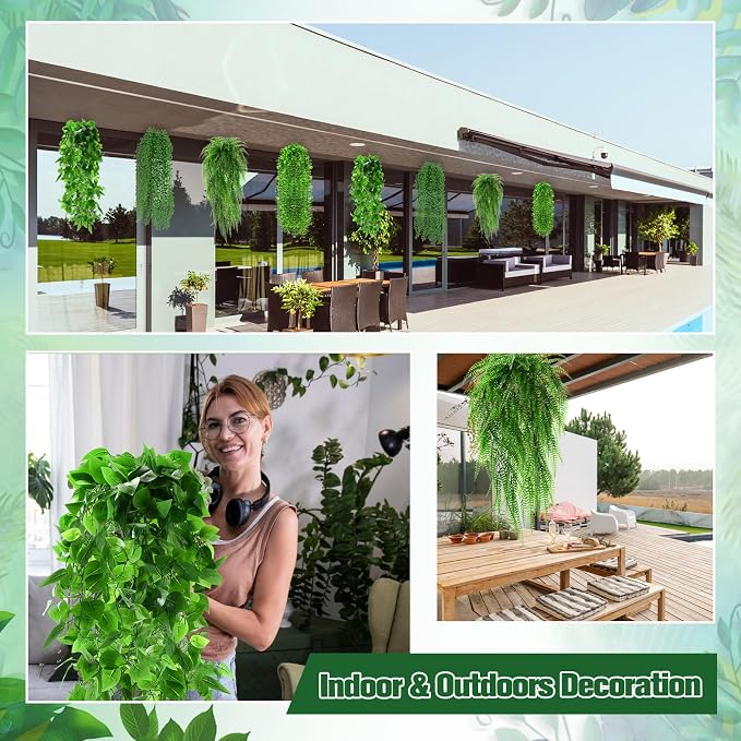 Daifunli 16 Pcs Artificial Hanging Plants Fake Hanging Ferns Plastic Faux Plants for Wall Room Garden Garland Indoor Outdoor Decor No Basket (Boston,Eucalyptus,Ivy Vine,String of Pearls)