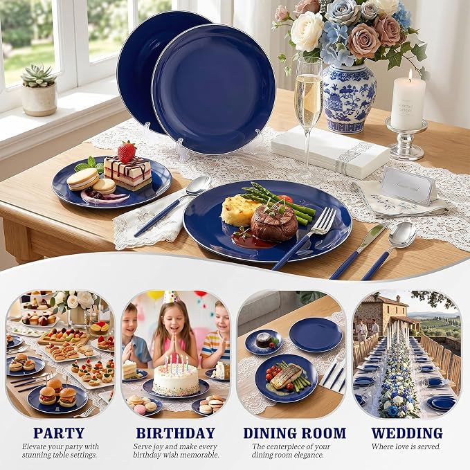 KIRE 175Pcs Blue Plastic Plates with Silver Rim & Disposable Silverware with Blue Handle & Silver-rim Cups & Hand Napkin & Plastic Dinnerware for Parties/Wedding/4th of July