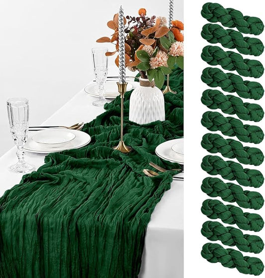 12 Pack Dark Green Cheesecloth Table Runner, 10FT Cheesecloth Rustic Boho Table Runner for Wedding Baby Shower Birthday Bridal Party Decorations(21.5×120 Inch)