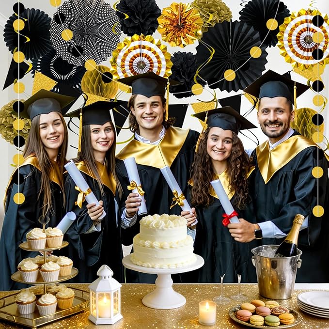 24 Pcs Black and Gold Party Decorations, Paper Fans Honeycomb Pom Poms Pennant Garland, Reusable Hanging Supplies for 2026 Graduation Birthday New Year Wedding Anniversary