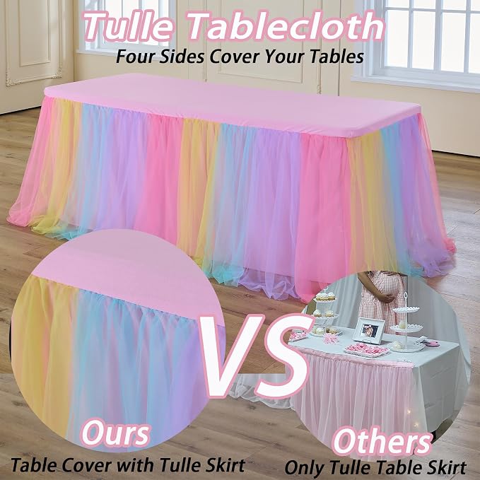 4 pk 8ft Rainbow Tulle Tablecloth for Rectangle Tables, 2-in-1 Pastel Color Table Covers with Tulle Skirt,Wrinkle Free Stretchy Ruffle Tulle Table Cloths Fitted for Wedding Party Banquet Vendor