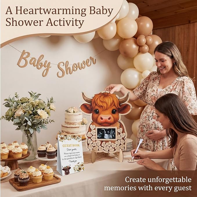 Highland Cow Baby Shower Decorations,Holy Cow Baby Shower Guest Book Alternatives with Pen,Photo Frame and 60 Heart Wood Slices for 60 Guests,Gender Reveal Decorations