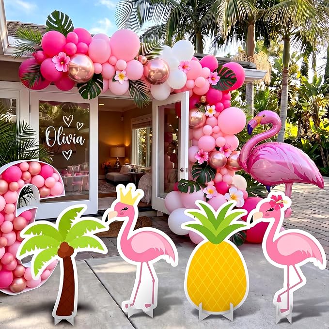 Honoson 4 Pcs 21.8" x 29.7" Large Tropical Flamingo Cardboard Cutouts, Pink Flamingo Birthday Decoration Yard Signs Standee for Hawaiian Summer Beach Luau Party Supplies Bachelorette Pineapple