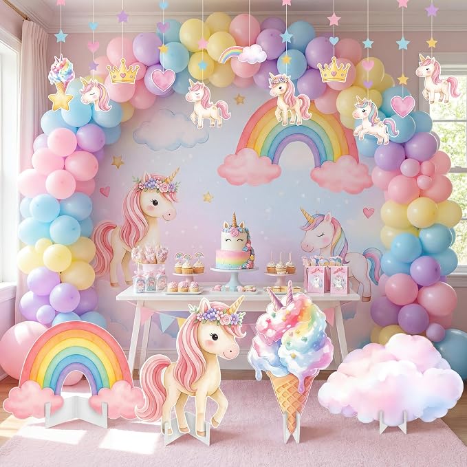 Honoson 4 Pcs 30" Large Rainbow Unicorn Birthday Decorations Cardboard Cutouts Standup, Unicorn Baby Shower Backdrop Photo Booth Props for Princess Party Decor Lawn Yard Signs Supplies