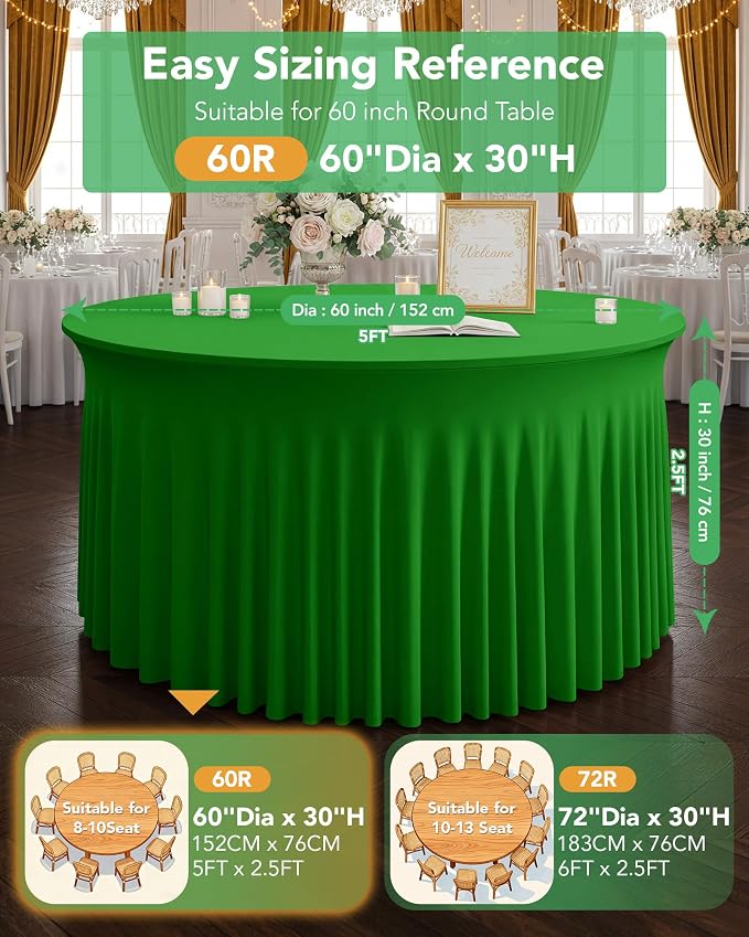 6 Pack Spandex Table Cover Skirts for 60 inch Round Tables, Green Stretch Table Cloths with Floor-Length Ruffle, Elastic Fitted Skirted Tablecloth for Elegant Wedding Banquet Party Buffet Decoration