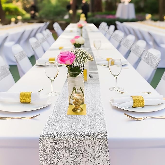 Newwiee 54 Pcs Silver Sequin Chair Sashes and Table Runners, 48 Sequin Chair Bows, 6 Glitter Table Runners for Birthday Party Wedding Banquet Holiday Decorations