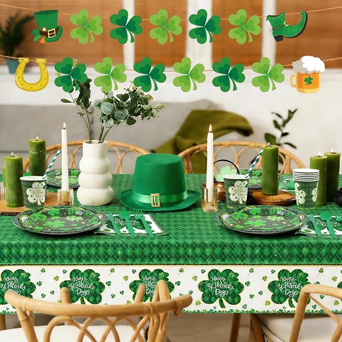 194 Pcs St Patricks Day Paper Plates & Napkins,Green Shamrock Paper Plates St Patricks Dinnerware Disposable Including Cup Straw Plastic Cutlery Banner Tablecloth for Saints Day Party Supplies