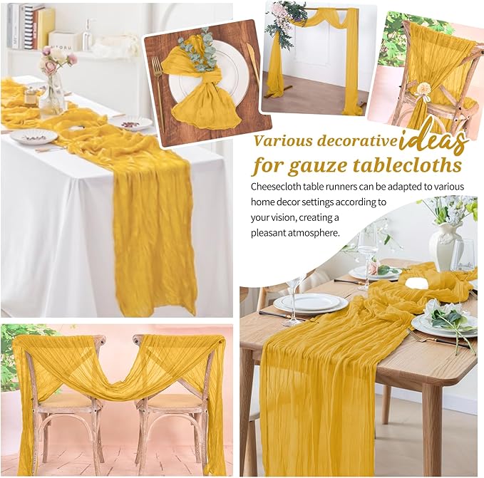 6 Pack Cheesecloth Table Runner Gold 10Ft Rustic Boho Gauze Table Runner Romantic Long Sheer Fabric Cheesecloth Table Runner for Wedding Festival Birthday Anniversary Dinner Outdoor Events