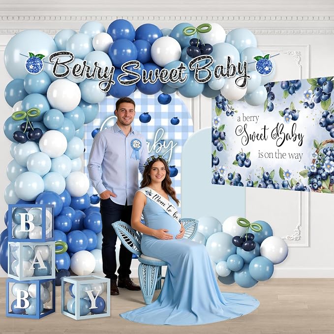 Blueberry Baby Shower Decorations, Worry-Free One-Stop Set Serves 25 Guests, with Blueberry Balloons Arch Kit, Backdrop, and Cake Toppers, Easy Setup for Berry Sweet Baby Shower Decorations