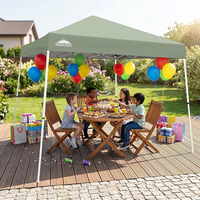 EAGLE PEAK 10x10 Slant Leg Pop-up Canopy Tent Easy One Person Setup Instant Outdoor Beach Canopy Folding Portable Sports Shelter 10x10 Base 8x8 Top (Sage Green)