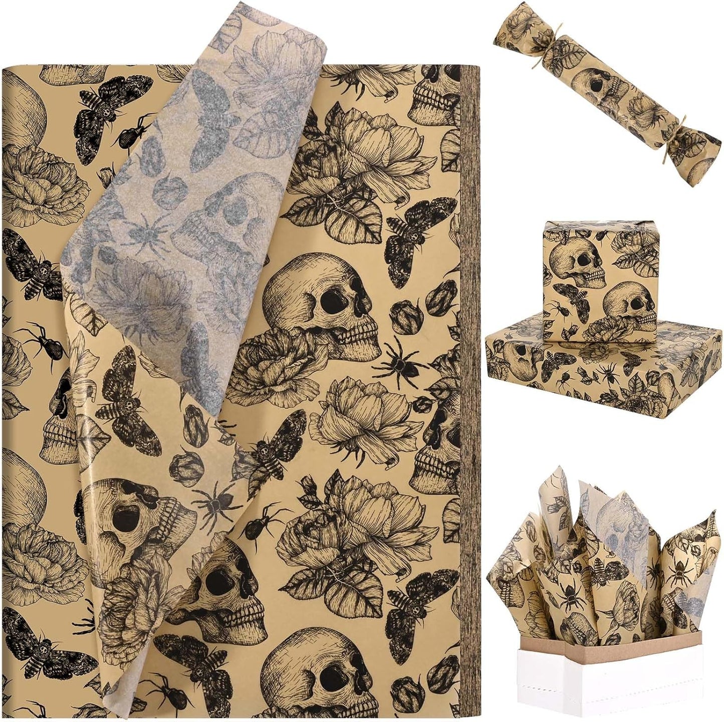 100 Sheets 20 * 14 Inches Vintage Halloween Tissue Paper Kraft Gothic Floral Skull Moth Spider Printed Tissue Paper for Gift Wrapping Spooky Decorative Tissue for Halloween Party DIY Craft Supplies