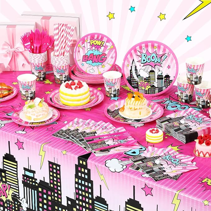 Potchen 452 Pcs Party Supplies Serve 50 Guests, Paper Plates Napkins Cups Cutlery Plastic Tablecloth Dinnerware for Birthday Wedding Party Decoration (Bright Pink, Hero)