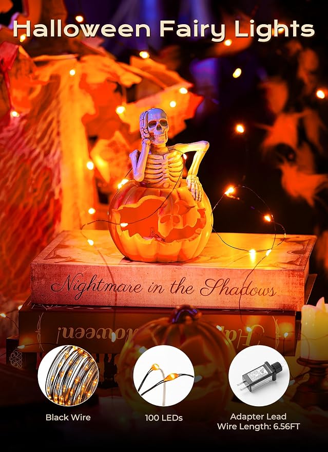 Halloween Fairy Lights Plug in, 33Ft 100LEDs Orange Fairy Lights, Waterproof Flexible Black Wire String Lights for Bedroom Home Party Ghost Haunted House Indoor Outdoor Halloween Decorations, Orange