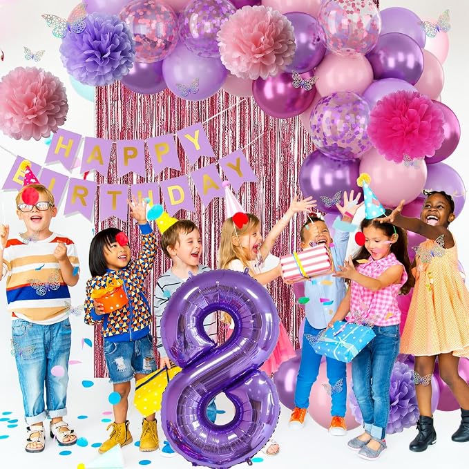 Pink Purple 8th Birthday Party Decorations for Girls Number 8 Balloon Happy Birthday Banner Butterfly Stickers Fringe Curtain Paper Pom Poms Metallic Hot Pink Star Foil Balloons 8 Year Old Princess