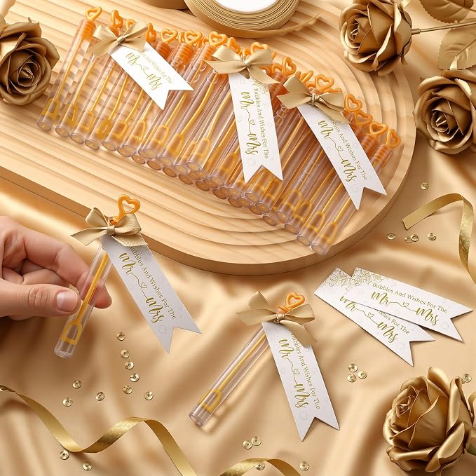 405 Pcs Wedding Send Off Bubble Ideas Set Include Heart Bubble Wands Gift Tags Cards Wood Photo Frame Ribbons Wedding Send Off Party Favors for Guests(Gold)