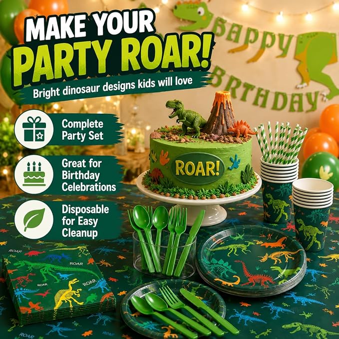 194 PCS Dinosaur Birthday Party Supplies, Dino Tableware Set for 24 Guests with Plates, Cups, Napkins, Straws, Forks, Spoons, Knives, Tablecloth & Banner, Decorations for Boys Kids Baby Shower