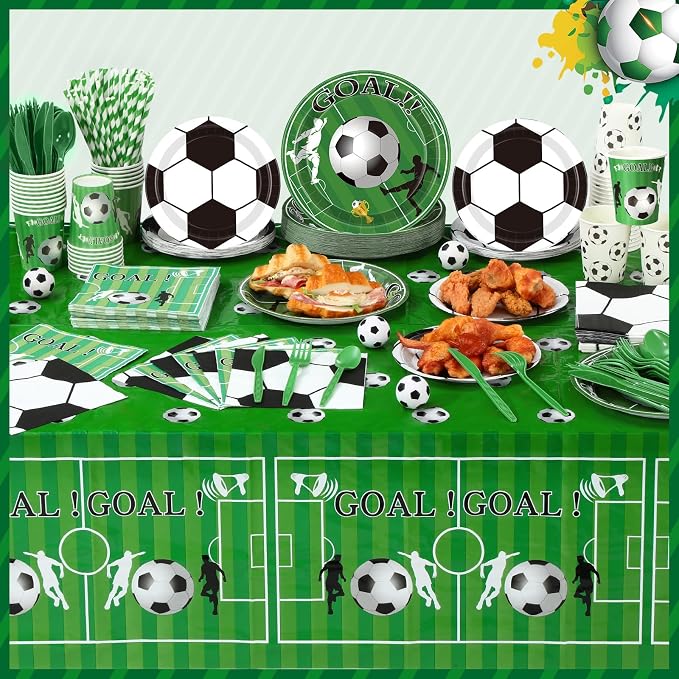 Potchen 452 Pcs Party Supplies Serve 50 Guests, Paper Plates Napkins Cups Cutlery Plastic Tablecloth Dinnerware for Birthday Wedding Party Decoration(Green, Soccer)