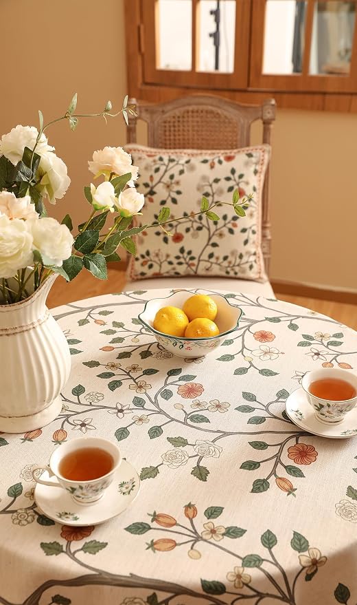 ISAENNE Vintage French Linen Round Tablecloth,Diameter 55"-Flora A | Designer Elegant Floral Table Cloth,Beautiful,Heavyweight,Decoration,Durable,Dining Room,Tea Party,Kitchen,Thanksgiving