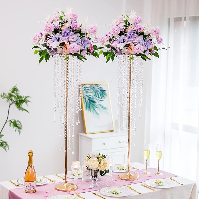 10 Pcs 39.4" Gold Flower Vase with Chandelier Crystal, Centerpiece Table Decorations, Metal Stand for Wedding, Reception, Party, Events, Home