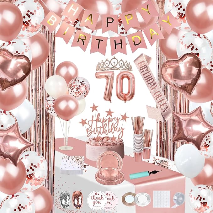 255 Pcs Rose Gold 70th Birthday Decorations for Women – Party Decoration Supplies Kit with “Happy Birthday” Banner, Balloons, Crown, Sash, Cake Topper, Tableware & Fringe Curtain for 25 Guests