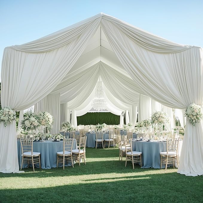 12 Panels 5x20ft Ivory Ceiling Drapes for Wedding Parties, Wrinkle Free Thick Polyester 20ft Extra Long Wedding Draping Ivory Ceiling Curtains Arch Drapery for Birthday Party Canopy Tent Decor