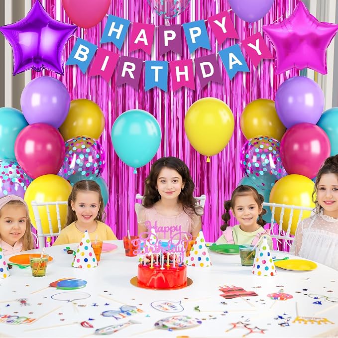 Pink Blue Purple Birthday Party Decorations for Girls Women, Hot Pink and Blue Birthday Decorations with Latex Balloons Happy Birthday Banner Cake Topper Star Foil Balloon Fringe Curtain