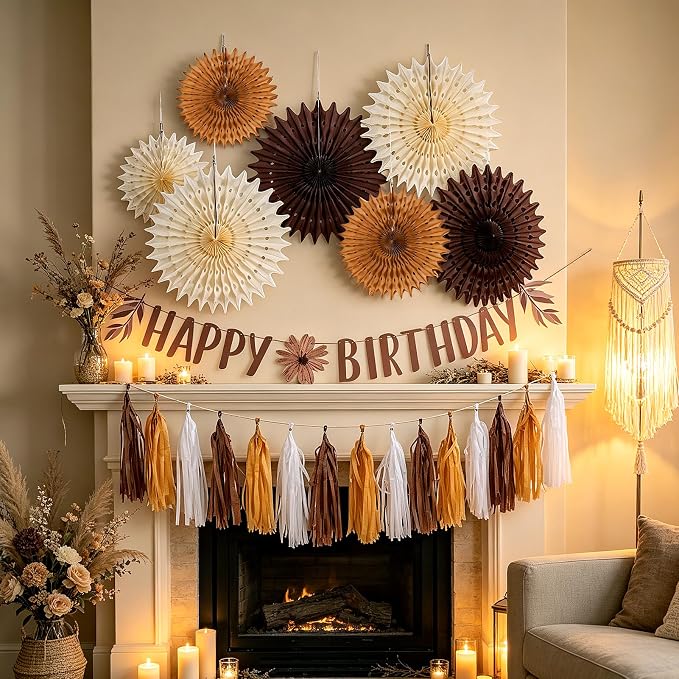 Brown Birthday Party Decorations for Women Neutral Boho Happy Banner Banner Brown Cream Honeycomb Paper Fans Hanging Tassel Garland Rustic Wedding Baby Shower Western Cowboy Party Supplies