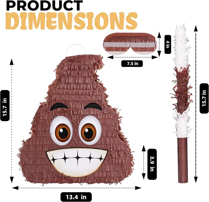 Poop Pinatas Bundle with a Blindfold and a Bat(15.7 x 13.4 x 5 Inches), Birthday Parties for Boys, Decoration for Theme Parties