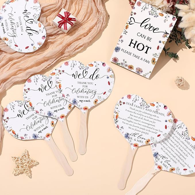 51 Pcs Wedding Fans for Guests Wedding Favor Paper Fans with Handle Bulk Table Sign for Ceremony Bridal Party Decoration(White,Wildflower)