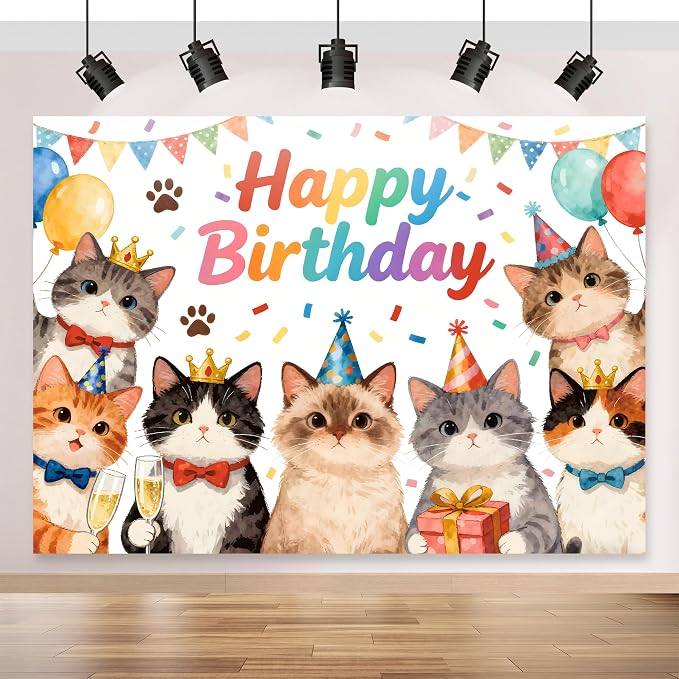 7x5 Ft Happy Birthday Backdrop Cat Birthday Party Decorations Kitten Birthday Photo Backdrop Photography Background Pet Paw Birthday Party Supplies