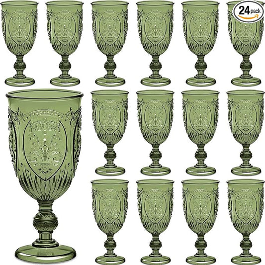 Wiwiqing 24 Pcs Plastic Goblets 7.5oz Vintage Goblet Plastic Wine Glasses Colored Retro Embossed Water Goblets for Wine Bar Juice Baby Shower Wedding Reception Grand Event Party (Olive Green)