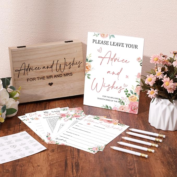 Silipull Bridal Shower Games Set for 50 Guests Includes Bingo, He Said She Said, Scramble, Would She Rather, Advice and Wishes Wedding Games Double Sided with Wooden Box, 20 Pencils(Floral)