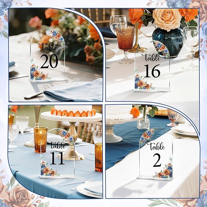 Navy & Burnt Orange Wedding Acrylic Table Number 1-20 with 20Pcs Stands, 5"x7" Floral Elegant Place Card Centerpiece Decorations for Indoor Outdoor Wedding Bridal Shower Anniversary