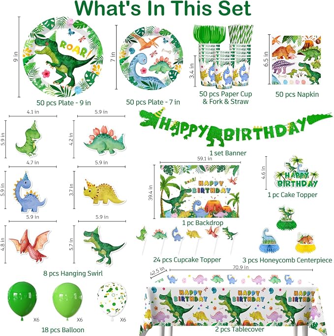 356pcs Dinosaur Birthday Decorations Serves 50, All-in-one Set with Dinosaur Plates and Napkins Set, Banner, Tablecloth, Cupcake Topper, Etc, for Boy Birthday Decorations and Dinosaur Theme Party