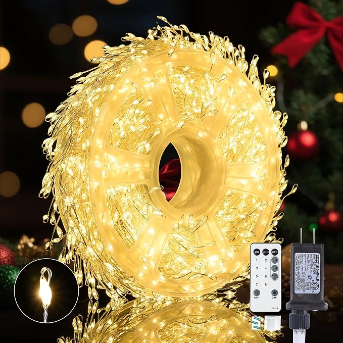 Fairy Lights Plug in, Dailyart 2000 Led Twinkle String Light with Remote 130Ft Waterproof 8 Modes Warm Cluster Lights with Timer for Bedroom Wreath Window Wedding Christmas Tree Decoration,Sliver Wire