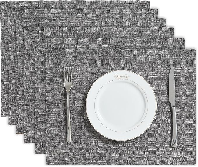 BALCONY & FALCON Placemats Set of 6 Faux Linen Cloth Place Mats Washable Waterproof Wrinkle Resistant Table Placemats for Dining Kitchen Farmhouse Indoor & Outdoor Use(Gray, 13.8”x 17.7”