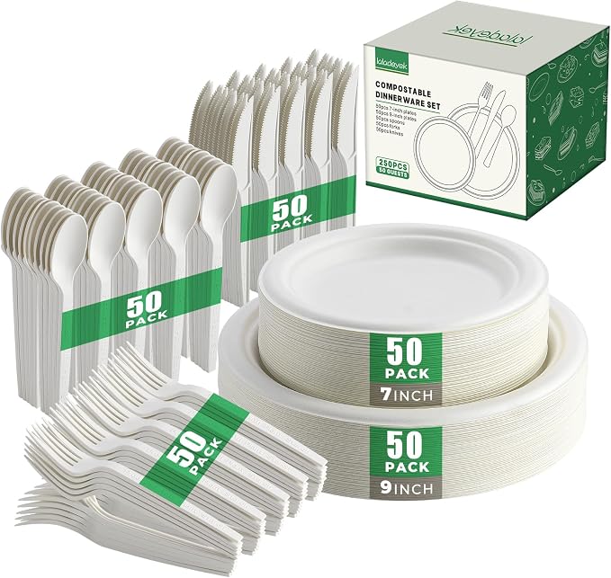 250 Pcs Biodegradable Paper Plates Set Disposable Dinnerware | Eco Friendly Compostable, Extra Long Utensils, Includes Forks, Knives & Spoons, For Party & Birthday, Camping