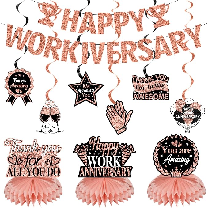 Zirtorei Happy Workiversary Decorations for Women Employee, 11pcs Rose Gold Work Anniversary Banner Party Supplies, Workiversary Honeycomb Centerpieces Hanging Swirls Business Gift for Office