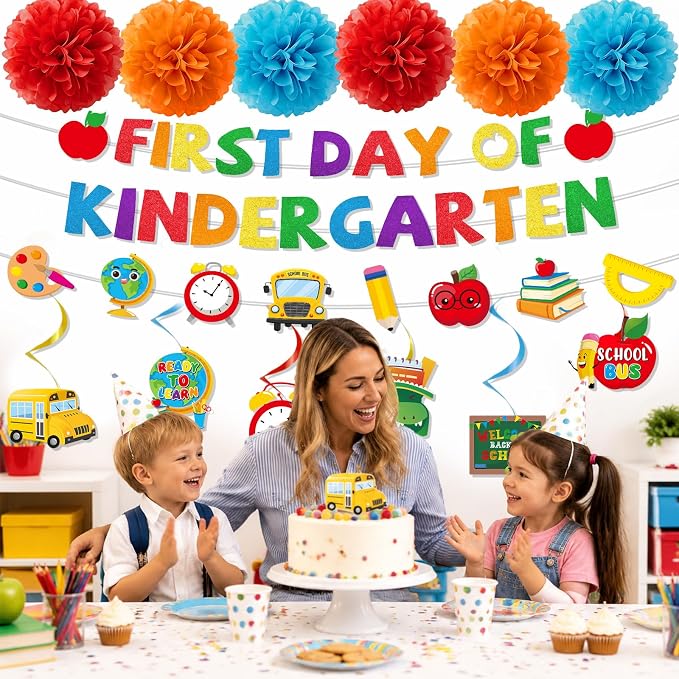 First Day of Kindergarten Decorations - 15PCS First Day of Kindergarten Party Banners Hanging Swirls Paper Pompoms Decor, Back to School Classroom Decor Supplies