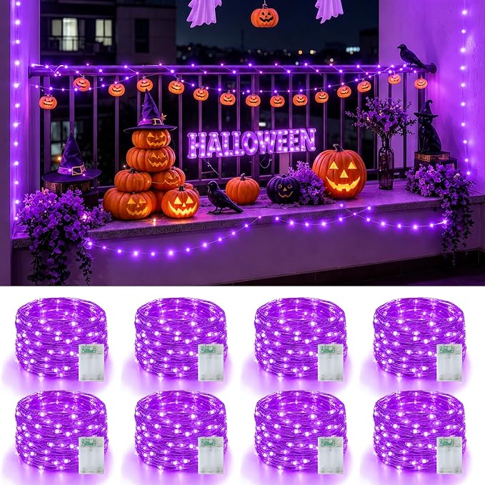 YEGUO Fairy Lights Battery Operated, 8 Packs Each 16ft 50 LED String Lights, 2 Modes Silver Wire Christmas Twinkle Light Indoor for Halloween Bedroom Wedding Party Holiday Gift(Purple)